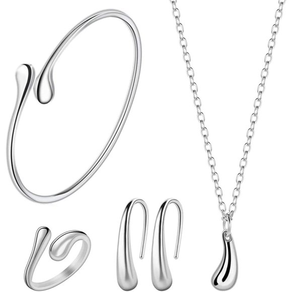 New 4 Pcs 925 Sterling Silver Jewelry Set for Women Teardrop Pendant Nec… - Picture 1 of 8